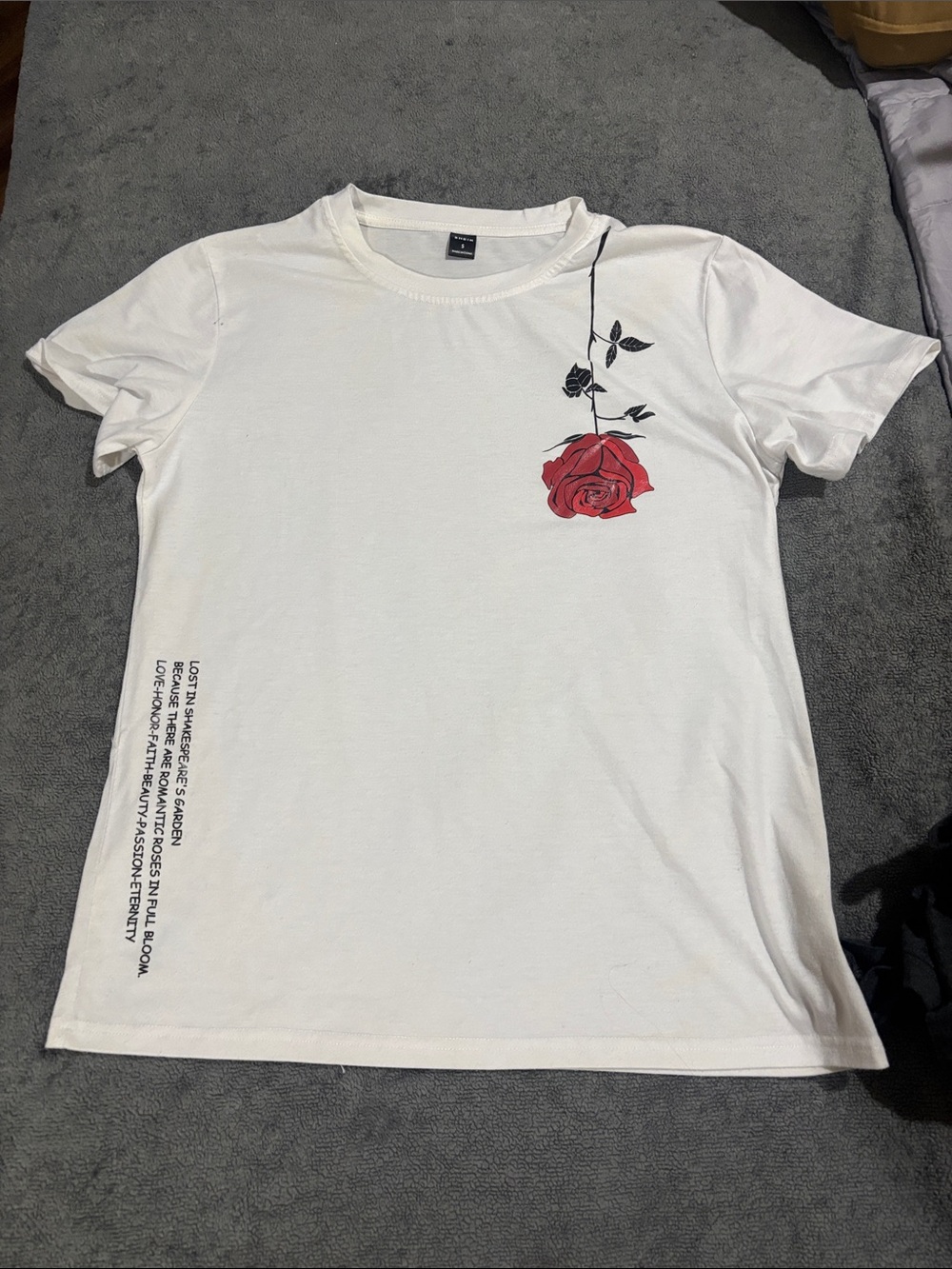 SHEIN White Short Sleeve Tee with Red Rose Graphic